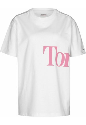 White cotton t-shirt featuring a large pink printed logo. Relaxed fit with short sleeves and a round neckline. Simple and modern design.