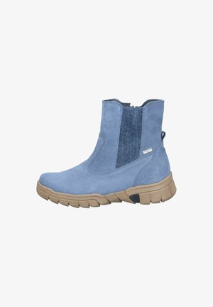 Light blue suede ankle boot with thick beige rubber sole and dark blue elastic side panel, designed for casual wear.