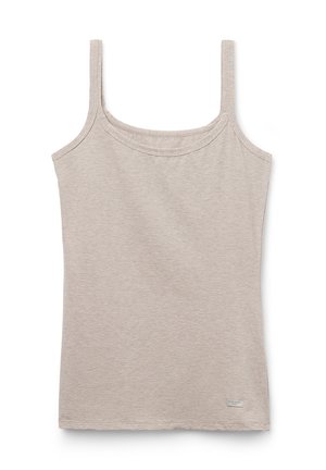 Lichtgrijze tanktop van zacht katoen. Beschikt over dunne schouderbandjes en een ronde halslijn. Geen opvallende patronen of hardware.