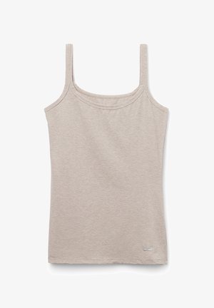 Débardeur gris clair en coton doux. Il présente des bretelles fines et une encolure arrondie. Aucun motif ou accessoire saillant.