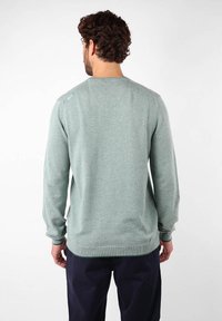 Pull en maille verte, à manches longues, col rond et tissu texturé. Présente un détail de logo subtil sur l'épaule et un ourlet côtelé.