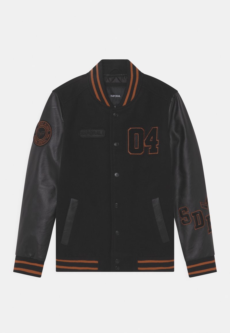 Black varsity jacket with orange accents. Wool body, leather sleeves, ribbed collar and cuffs, featuring embroidered numbers and patches.