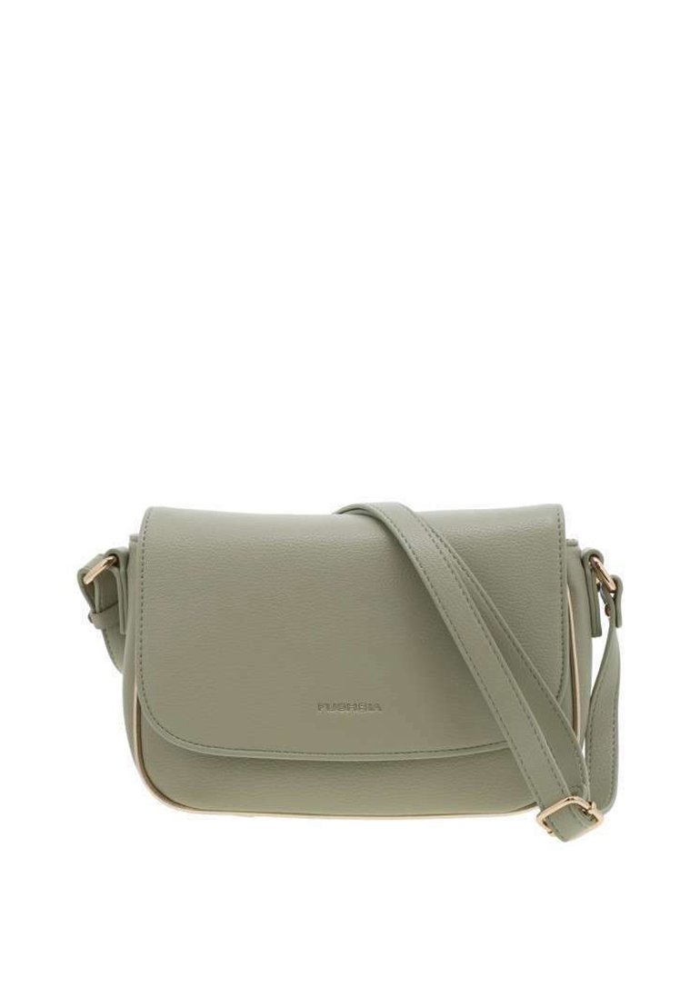 Sac bandoulière vert clair en simili cuir texturé, avec une fermeture à rabat, des accessoires en métal doré et une bandoulière réglable.