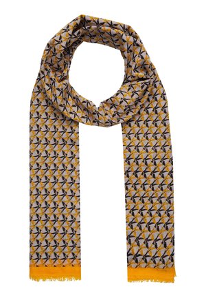 Écharpe longue avec motif géométrique d’oiseaux jaunes, noirs et blancs, extrémités à franges jaunes, enroulée en haut, sur fond blanc.