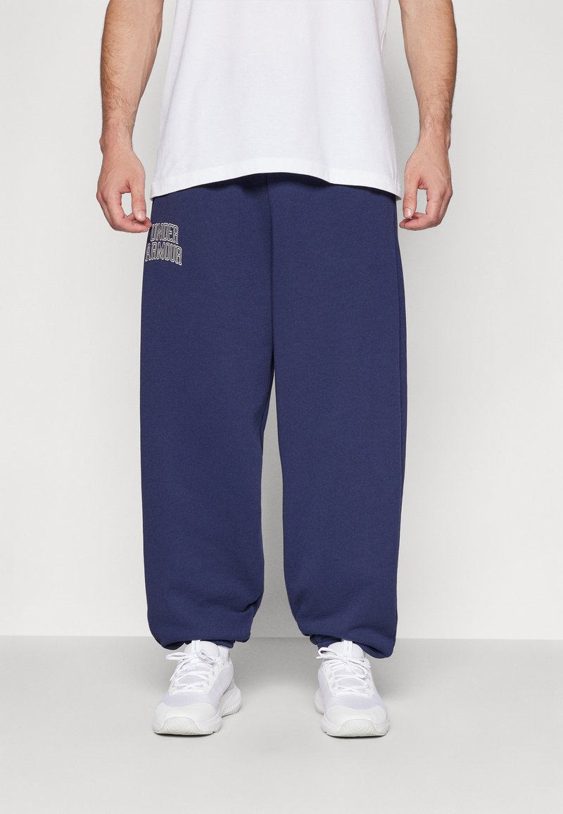 Navy blue sweatpants with a relaxed fit, featuring an elastic waistband and contrasting "Under Armour" logo on the left side.