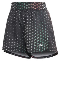 Svarta sportshorts med elastisk midjeresår, med ett geometriskt mönster av gröna och röda trianglar. Lättviktigt tyg med sidospjäll.