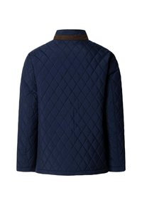 Marineblå quiltet jakke med diamantmønster, med en brun krave. Lange ærmer og lige pasform, lavet af letvægts stof.