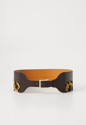 Brown leather belt featuring a leopard print panel, gold metal buckle, and smooth texture with a yellow interior lining.