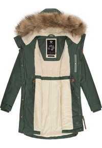 Green parka with faux fur hood, featuring a beige, fluffy-lined interior, front zipper, drawstring waist, and leather accents.