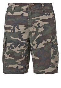 Shorts cargo pour hommes, longueur au genou, avec un motif camouflage vert, marron et beige, et une fermeture à boutons.