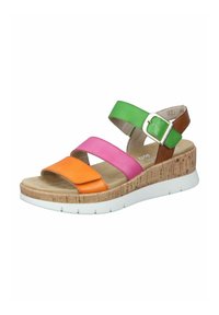 Sandales compensées colorées avec des brides en cuir orange, rose, vert et marron, plateforme en liège et semelle en caoutchouc blanc avec des détails texturés.