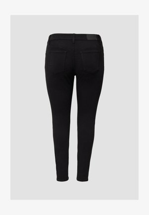 Jeans skinny neri in denim, con un classico design a cinque tasche, vestibilità slim e una vita alta con una sottile accentatura in pelle sul retro.