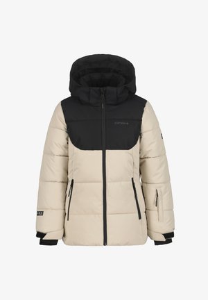 Giubbotto invernale imbottito beige e nero con cappuccio, zip frontale, tasche laterali con zip e polsini regolabili.