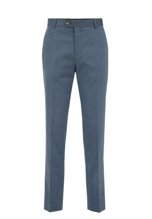 Blue textured trousers with a slim fit, featuring a button closure and flat front design. Clean lines and a subtle pattern on the fabric.