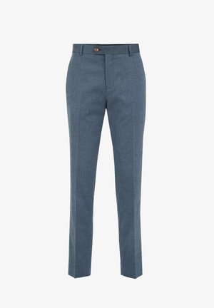 Mėlynos tekstūruotos kelnes su siauru siluetu, su mygtuko uždarymu ir lygiu priekiniu dizainu. Švarios linijos ir subtilus raštas ant audinio.