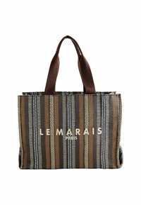 Brown and tan striped tote bag with a textured weave and sturdy brown handles. Features logo "LE MARAIS PARIS" in white lettering.