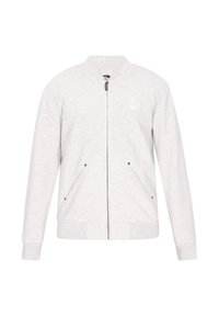 Ljusgrå bomberjacka i mjukt tyg, med dragkedja fram, två sidfickor och en diskret ankarmärke på bröstet.