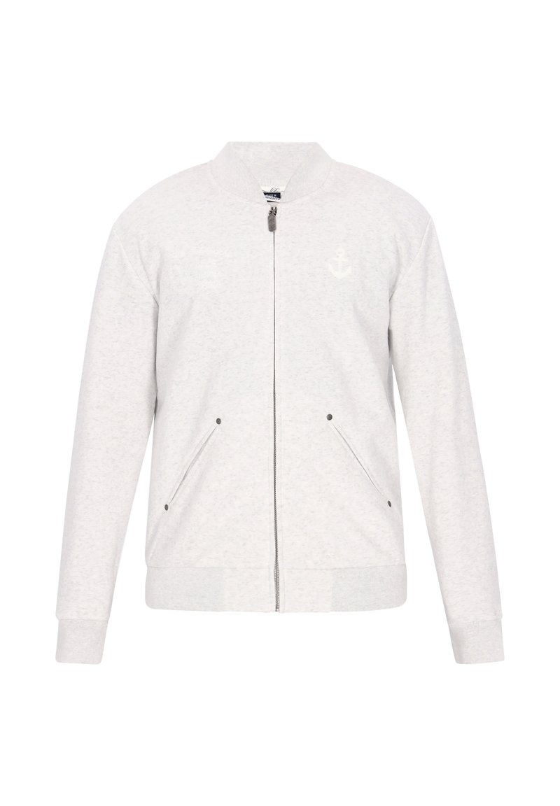 Ljusgrå bomberjacka i mjukt tyg, med dragkedja fram, två sidfickor och en diskret ankarmärke på bröstet.
