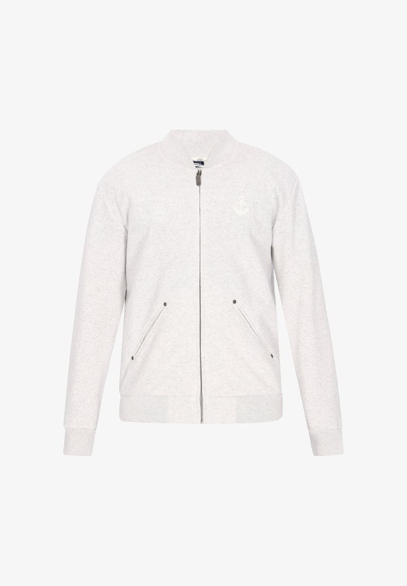 Ljusgrå bomberjacka i mjukt tyg, med dragkedja fram, två sidfickor och en diskret ankarmärke på bröstet.