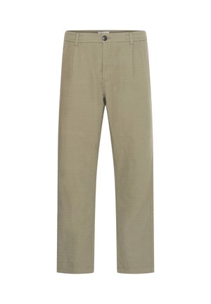 Kaki bavlnené nohavice s textúrovaným povrchom, rovný strih, dve predné vrecká a jedno gombíkové zapínanie na páse.