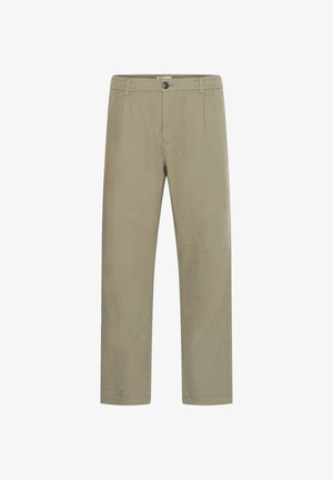 Kaki bavlnené nohavice s textúrovaným povrchom, rovný strih, dve predné vrecká a jedno gombíkové zapínanie na páse.