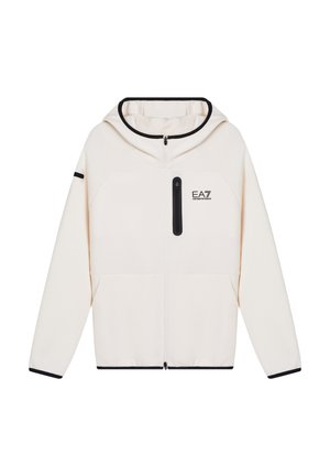 Chaqueta con capucha y cremallera en color blanco roto, ribetes negros, bolsillo con cremallera en el pecho y logotipo EA7 Emporio Armani en el pecho izquierdo.