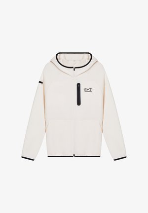 Chaqueta con capucha y cremallera en color blanco roto, ribetes negros, bolsillo con cremallera en el pecho y logotipo EA7 Emporio Armani en el pecho izquierdo.