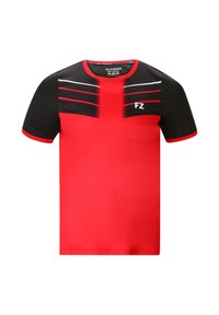 Punainen urheilupaita mustilla lyhyillä hihoilla, jossa on valkoiset vaakasuorat raidat ja logo rinnassa. Valmistettu kosteutta siirtävästä materiaalista.