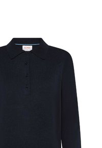 Polo a maniche lunghe blu navy con finitura testurizzata, colletto e cinque bottoni neri lungo la parte frontale per la chiusura.