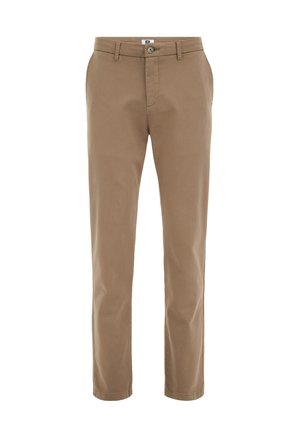 Pantalones de algodón marrones con un diseño de corte recto, cierre con cremallera y botón, que cuentan con bolsillos frontales y una textura suave.