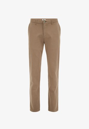 Pruunist puuvillast valmistatud sirge lõikega püksid, lukuga ja nupuga kinni, millel on esikotid ja sile tekstuur.