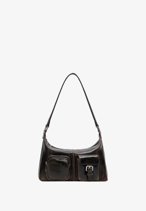 Leather shoulder bag in dark brown with a smooth finish, featuring two front pockets, a buckle accent, and a adjustable strap.