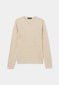 Beige Langarmpullover mit V-Ausschnitt, aus weichem Stoff gefertigt, mit einem dezenten strukturierten Muster und gerippten Kanten.