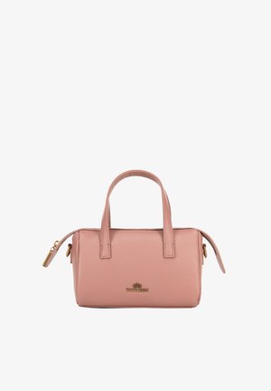 Borsa a mano in pelle rosa con un design strutturato, due manici corti e un logo dorato. Dotata di chiusura a zip e superficie leggermente testurizzata.