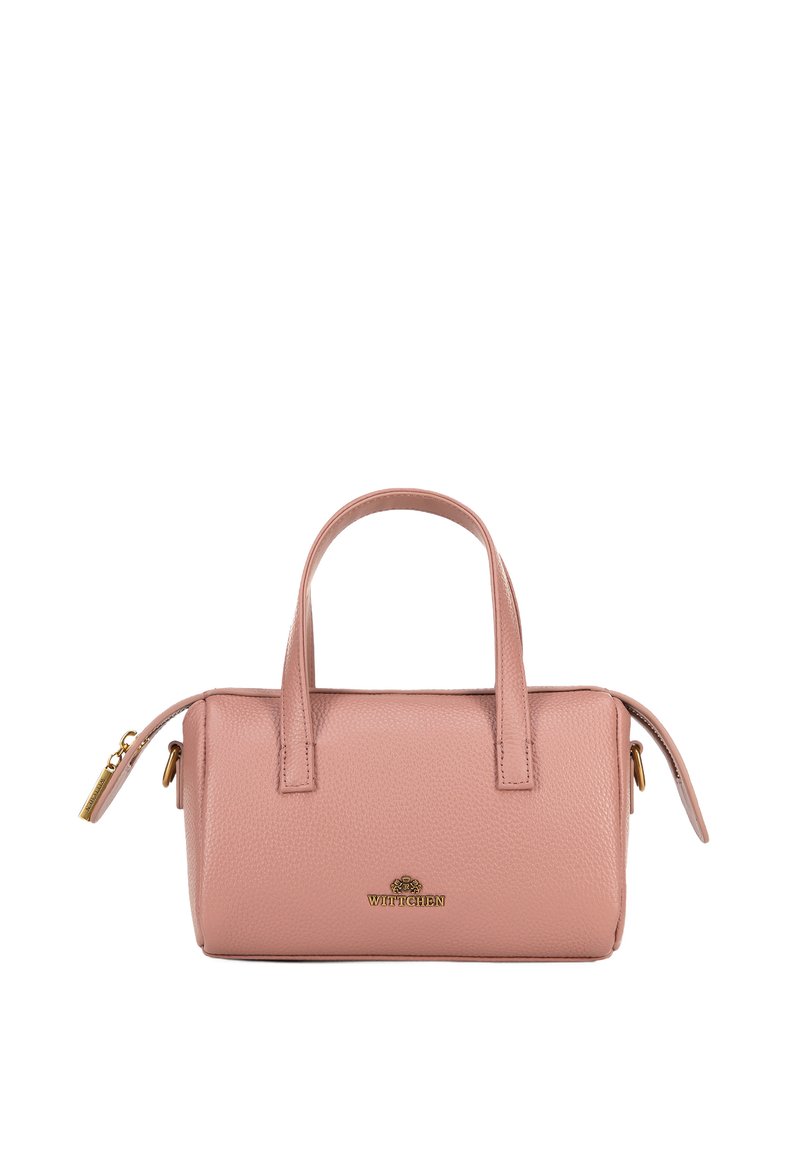 Borsa a mano in pelle rosa con un design strutturato, due manici corti e un logo dorato. Dotata di chiusura a zip e superficie leggermente testurizzata.