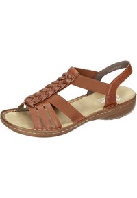 Brown leather sandal featuring braided design, elastic straps, open toe, cushioned insole, and a sturdy brown rubber sole.