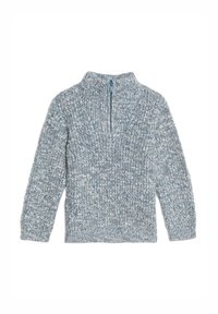 Maglione lavorato a maglia con un motivo blu e grigio mélange, dotato di un colletto alto con zip a un quarto e maniche lunghe. Tessuto texturizzato.
