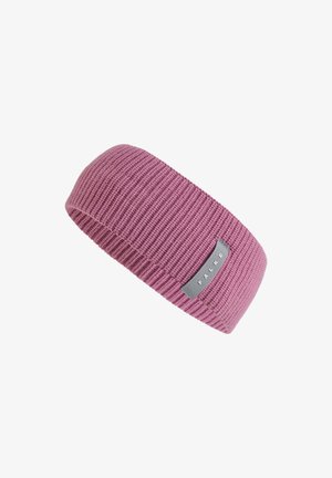 Fascia per capelli in tessuto lavorato a maglia rosa con trama a costine e piccola etichetta grigia con il nome del marchio Falke su un lato.