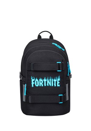 Zaino nero con cerniere e cinturini blu, con la parola "FORTNITE" in fiamme blu sulla tasca frontale.