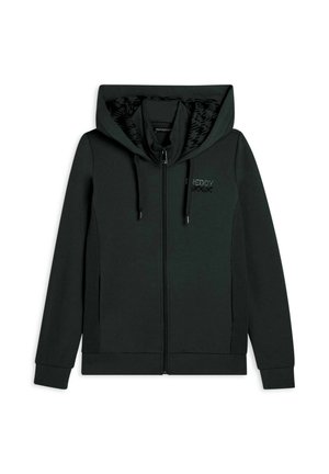 Sudadera con capucha negra con cremallera, cordones, bolsillos delanteros y forro interior de la capucha con patrón, con un pequeño logo en el lado izquierdo del pecho.