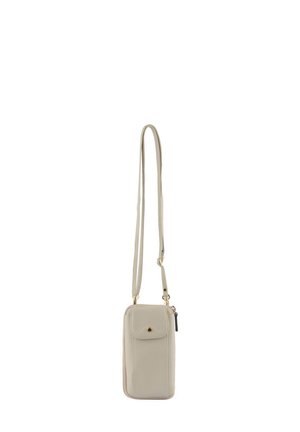 Petit sac bandoulière beige avec poche avant à rabat, bouton doré, fermeture éclair et bandoulière réglable.