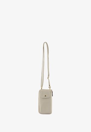 Petit sac bandoulière beige avec poche avant à rabat, bouton doré, fermeture éclair et bandoulière réglable.