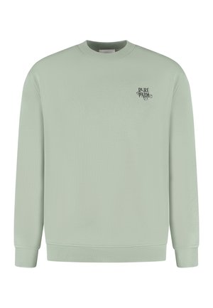 Mintgrüner Sweatshirt mit langen Ärmeln, rundem Ausschnitt, gerippten Bündchen und Saum. Mit einem kleinen schwarzen Logo auf der Brust. Hergestellt aus weichem Stoff.