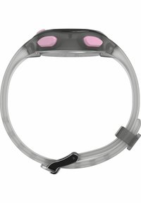 Digital klocka med en genomskinlig rem, grå klocka och rosa knappar. Har en spänne för säker fästning och en minimalistisk design.