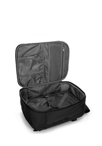 Borsa da viaggio nera con interno grigio, dotata di molteplici tasche, cinghie elastiche e un compartimento con cerniera per una conservazione organizzata.