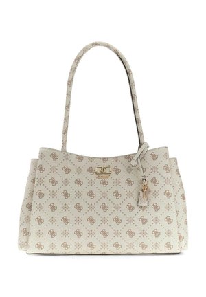 Sac à main Guess beige avec imprimé logo intégral, ferrures dorées, double poignée et étiquettes décoratives suspendues.