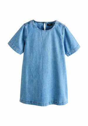 Jeanskleid mit kurzen Ärmeln, rundem Ausschnitt und lockerer Passform. Hellblaue Farbe mit sichtbaren Nähten und gesäumtem Saum.