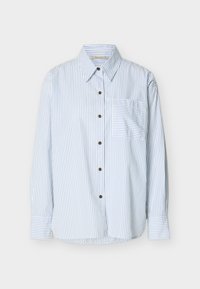 Πουκάμισο με μακριά μανίκια και κάθετες μπλε ρίγες, μπροστινή αριστερή τσέπη με οριζόντιες ρίγες και καφέ κουμπιά.