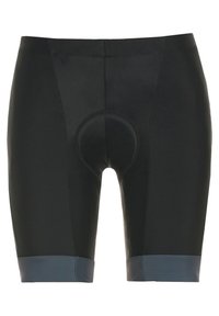 Sorte cykelshorts lavet af glat stof, med en polstret indsats, knæ-lang design og grå accenter ved benåbningerne.