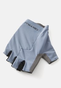 Guantes de ciclismo cortos en azul claro con un patrón de cuadrícula, que presentan una palma gris y un diseño sin dedos para mejorar el agarre y la transpirabilidad.